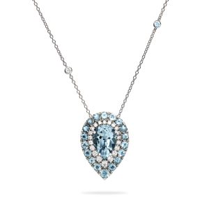 Girocollo platino acquamarina taglio goccia e diamanti