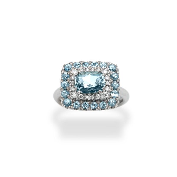 Anello platino acquamarina taglio cushion e diamanti