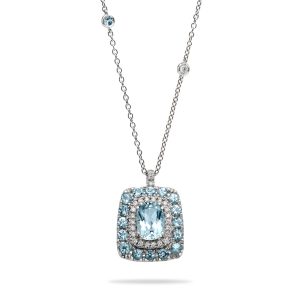 Girocollo platino acquamarina taglio cushion e diamanti