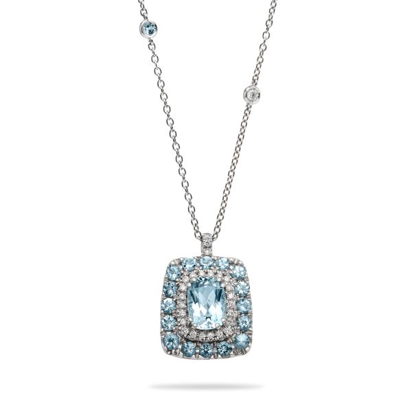 Girocollo platino acquamarina taglio cushion e diamanti