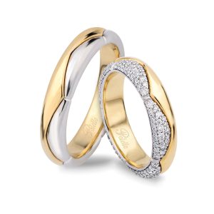 Fedi in oro giallo, platino e diamanti
