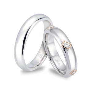 Fedi in platino, oro rosa e diamanti multiforma