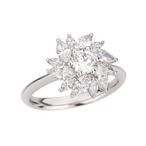 Anello in oro bianco con diamante centrale taglio brillante e diamanti taglio marquise
